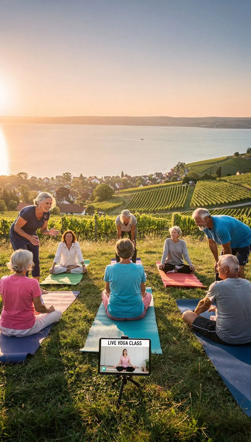 Egy nő nyújtózkodik a szőnyegen, miközben relaxáló zenét hallgat.