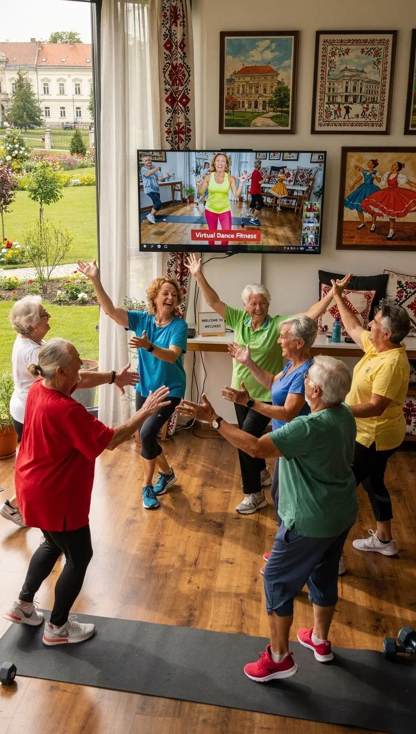 Virtuális edzés során egy edző irányítja a résztvevőket, akik jógagyakorlatokat végeznek.