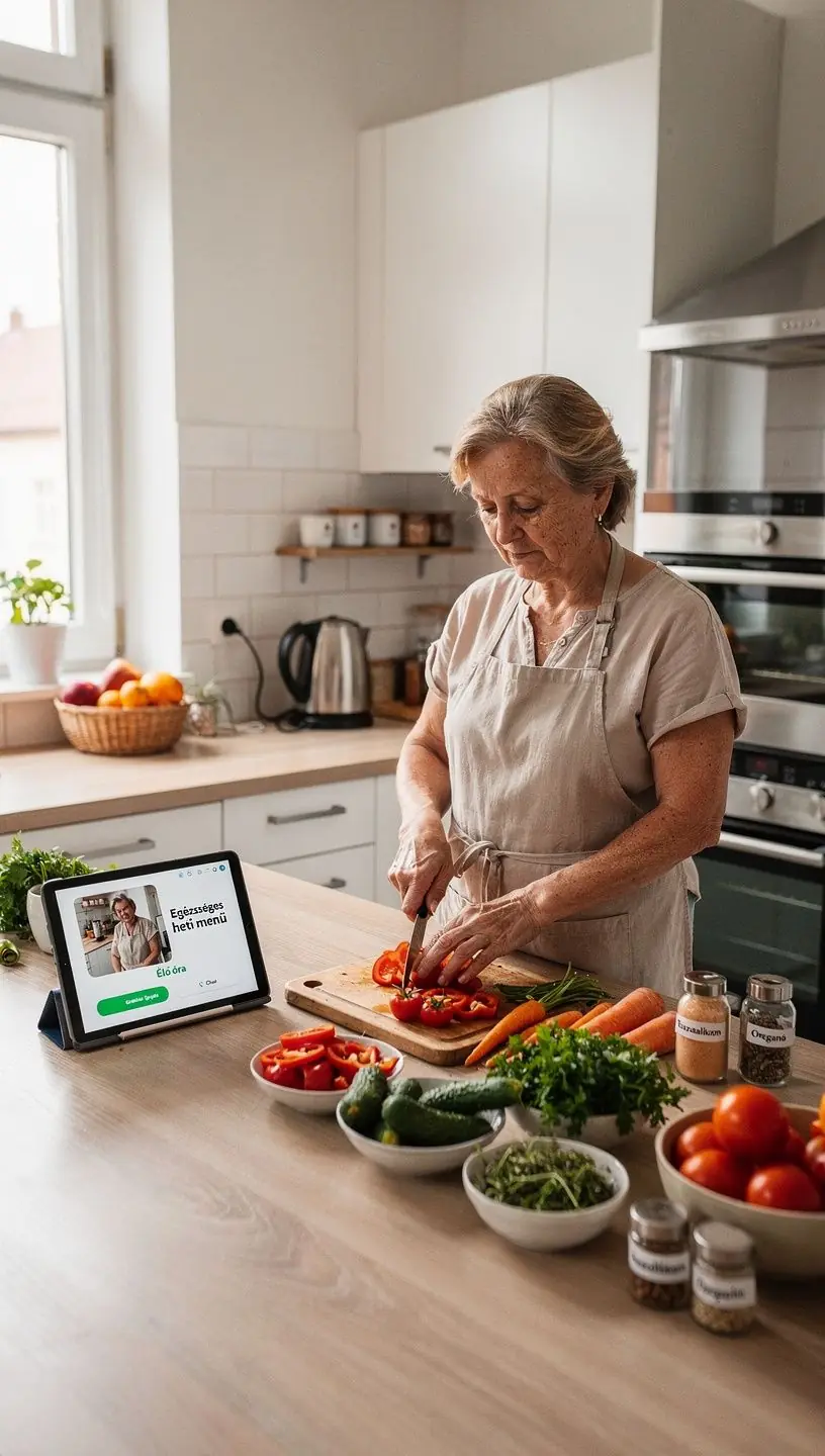 Idősebb hölgy meditál egy szép kertben, körülötte zöld növényekkel.
