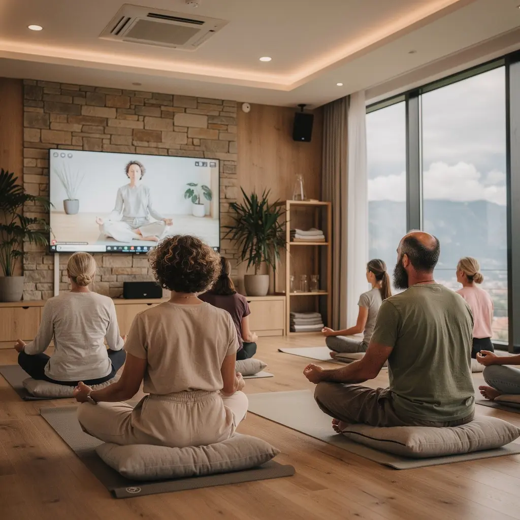 Alacsony hatású aerobikóra képernyőjén látható edző és a résztvevők.