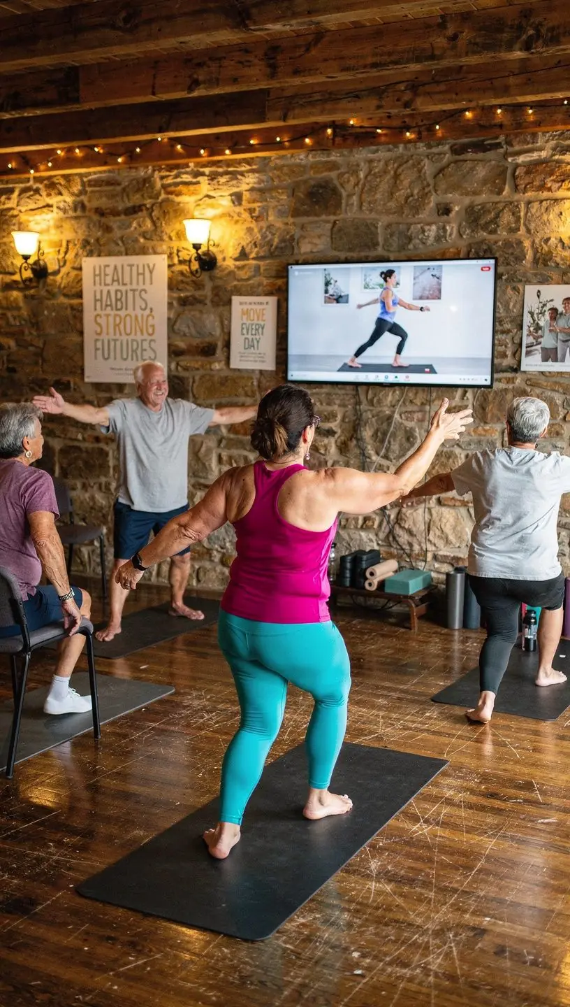 Színes fitneszszőnyegek és kiegészítők, amelyek a rugalmasság fejlesztéséhez szükségesek.