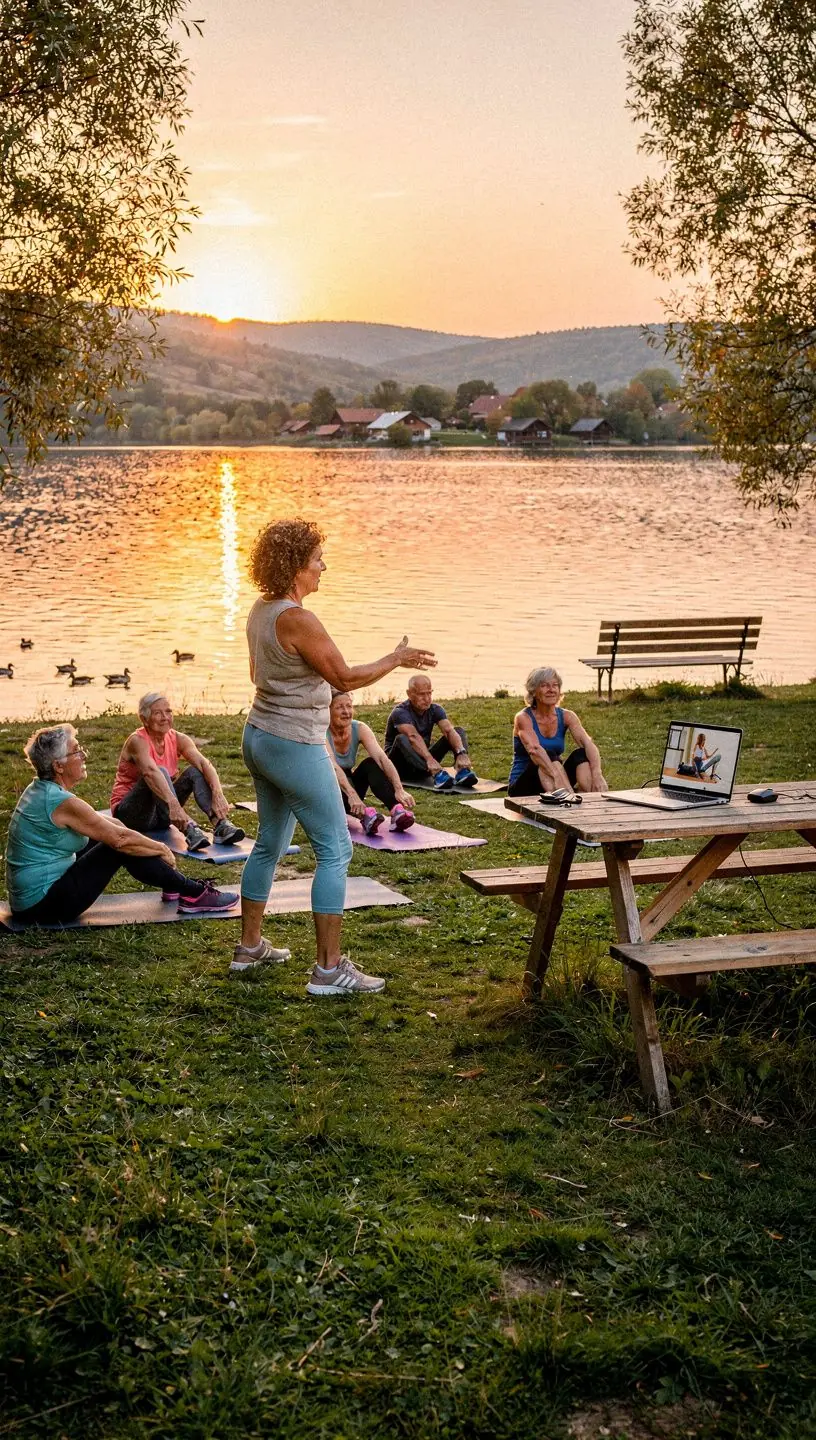 Egy idős nő, aki meditációs gyakorlatokat végez, a naplementében ülve.