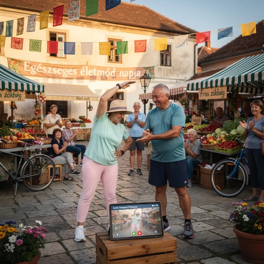 Idősebb felnőttek csoportja, akik otthon végeznek alacsony hatású fitness gyakorlatokat.